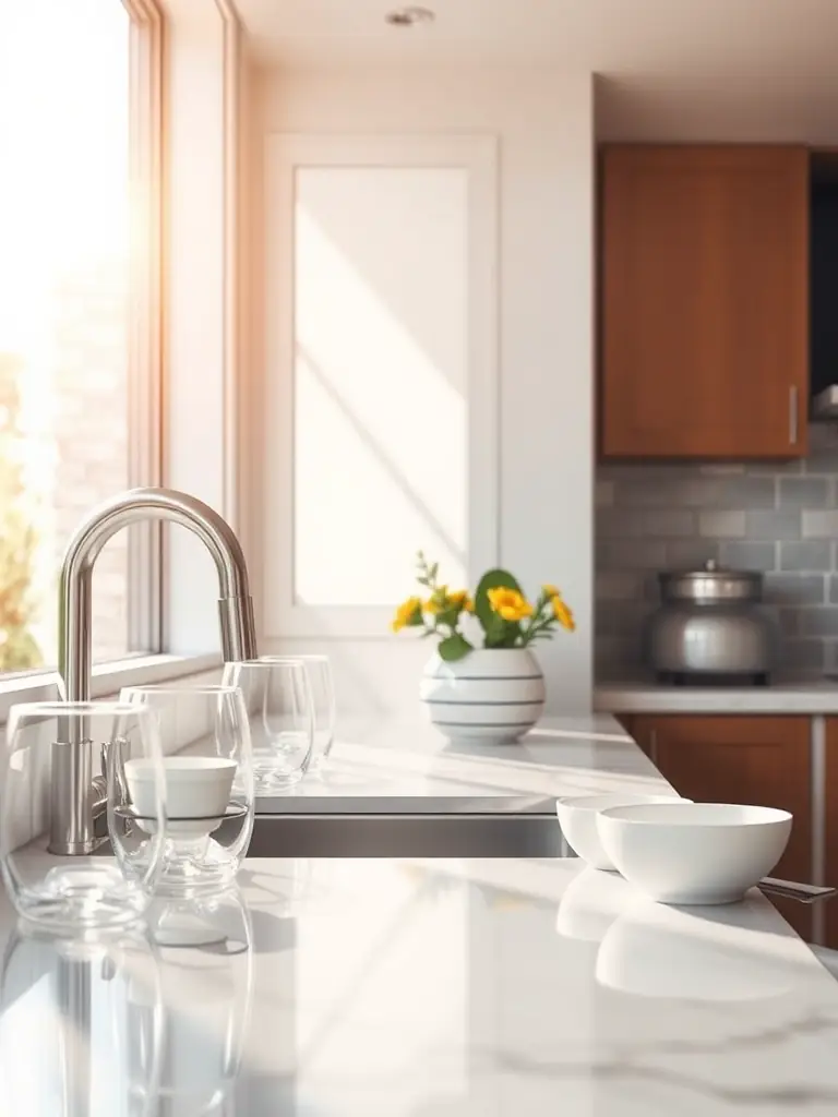 A modern home kitchen with sparkling clean dishes and glassware, highlighting the benefits of salt-free water conditioning for improved water quality and appliance lifespan.