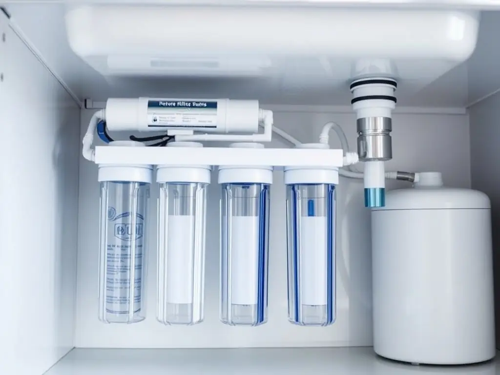 A reverse osmosis system under a kitchen sink, highlighting its compact size and ability to provide purified drinking water for residential use.