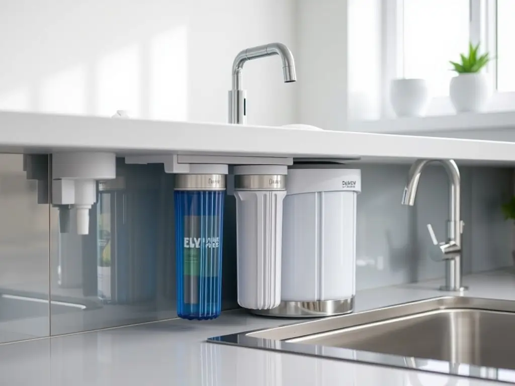 A reverse osmosis system installed under a kitchen sink, with a focus on the dedicated faucet for purified drinking water.